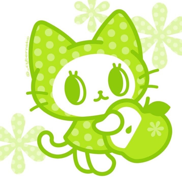 Green kitty holding an apple, original illustration